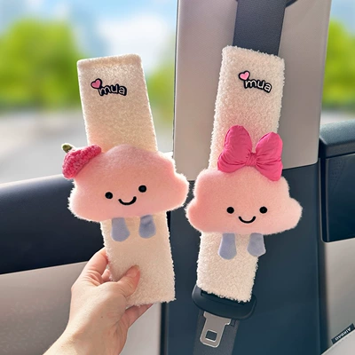 Women's Lambswool, Car tissue box/set - rose-bow-smiling-clouds-wearing-pink-hat-lambswool-shoulder-pads-pair