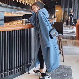 Autumn and winter women's chubby girl 1.00 kg-150.00 kg loose plus size hoodie hooded fleece-lined thick long zipper Hong Kong style cardigan dress