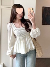 大码胖mm韩版方领娃娃衫女秋季修身遮肚子显瘦高级感长袖衬衫上衣