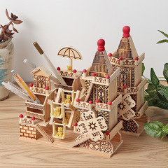 3D stereoscopic puzzle rotating windmill wooden music box key-driven eight-tone box house building blocks hand assembly craft