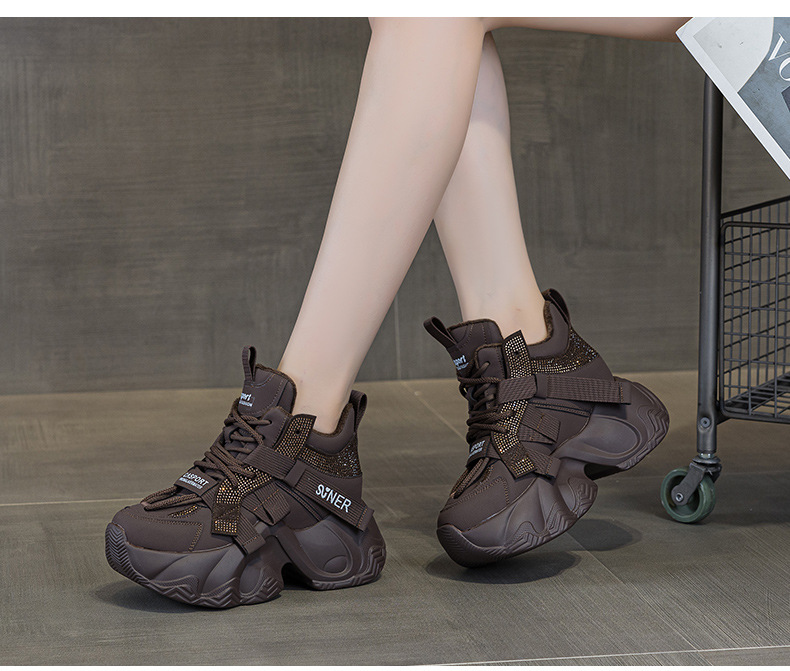 Giày sneaker nữ chunky đế dày tăng chiều cao 8cm, đính đá pha lê, dây buộc thời trang — M2991 lót đơn màu đen, M2991-1 plus nhung nâu, M2991 lót đơn màu xám, M2991-1 plus nhung xám chi tiết 21
