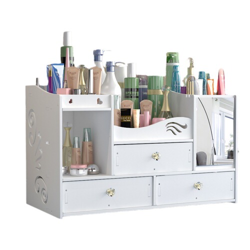 Desktop cosmetics storage box, large capacity, portable drawer type with mirror, home jewelry and skin care product storage shelf