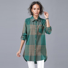 跨境出口棉麻衬衣女复古春夏薄外套格子衬衫中长款设计感防晒上衣
