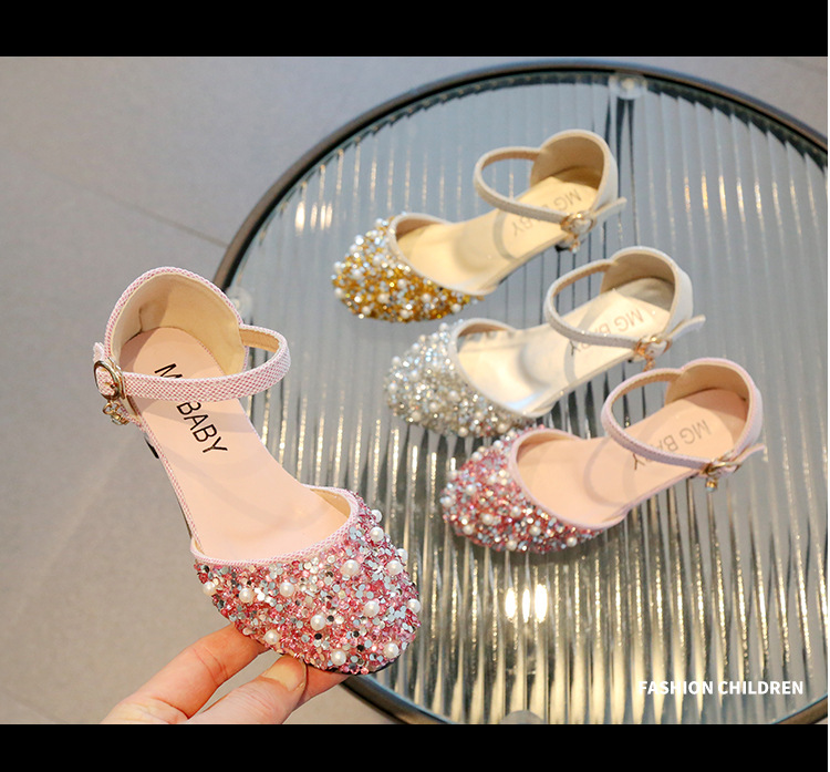 Pearl Water Diamond Princess Schuhe, Flachmund-Mode-Mädchensandalen, Mittelgroße High Heels, Sommer-Kinderschuhe_voghion.com