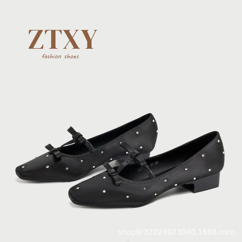 Silk satin rhinestone bow Mary Jane shoes for women, chunky heel, 2026 autumn/winter French style, soft sole, comfortable low-heeled shoes
