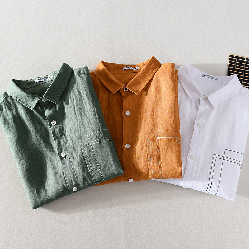 Camicia a maniche corte in lino solido da uomo in estate, camicia in lino con risvolto sottile e traspirante, fresca e casual, materiale in cotone e lino_voghion.com