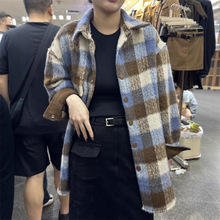 加厚磨毛格子外套毛呢衬衫女秋冬季设计感小众气质美式宽松中长款