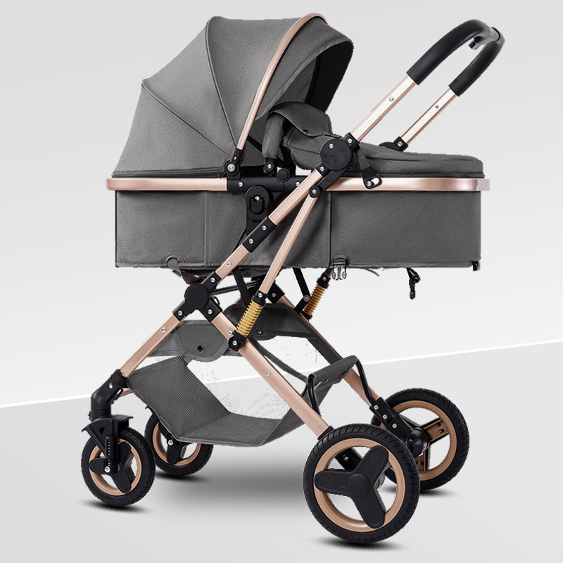 Coche de bebé se puede sentar y acostar en dos direcciones, 0 - 3 años de edad, ligero y plegable con un botón para bebés recién nacidos, cuatro ruedas antichoque