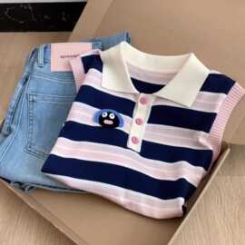 韩系甜美POLO领撞色条纹马甲背心女夏季新款减龄显瘦无袖针织上衣