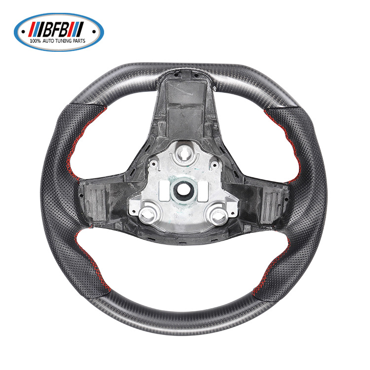 100% Real Carbon Fiber Matte Black Steering Wheel with Black Perforated Leather and Red Stitching - For Tesla Model Y - Steering Wheel Modification