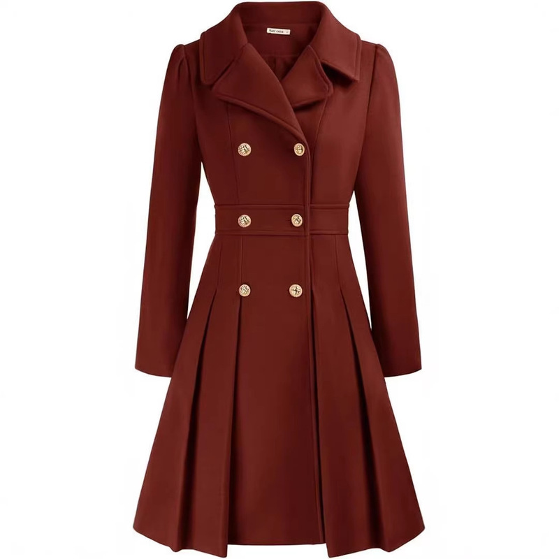 Amazon cross-border European and American notched lapel double-breasted thick A-line pea coat with pockets and lining