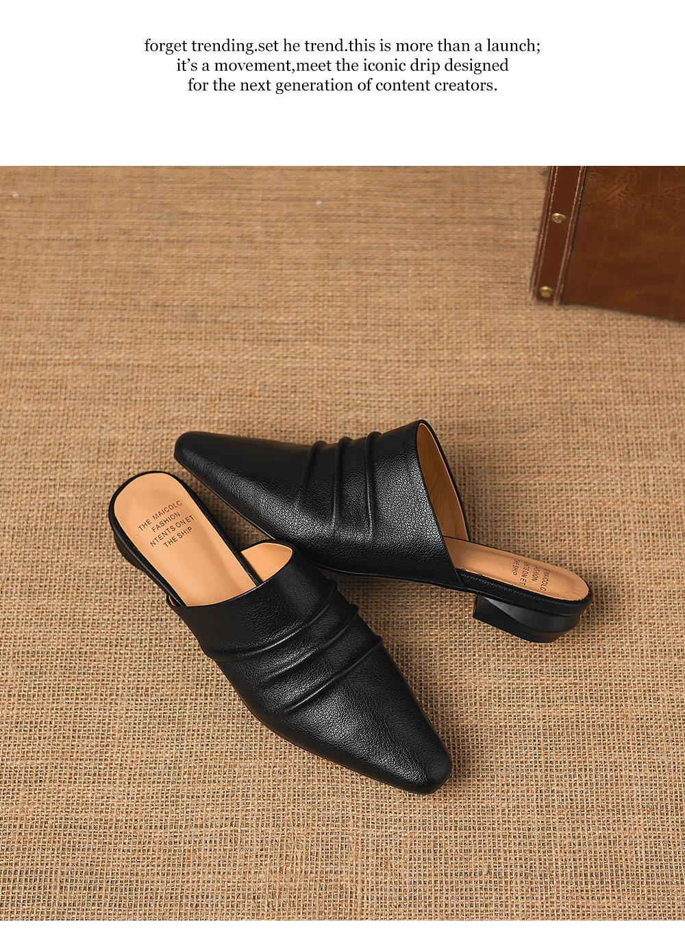 Dép sandal nữ bít mũi quai chữ V đế thấp da bò mùa xuân hè — đen chi tiết 21