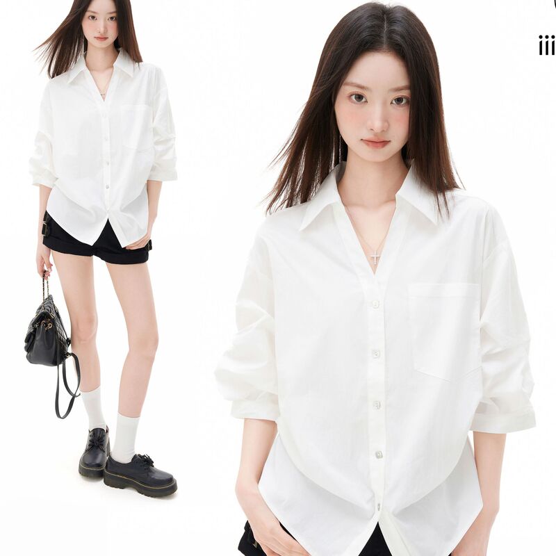 Iiiamx White Short-Sleeved Shirt Women's Summer Shirt High-End Waist-Cinching Top 2026 New Style Shirt