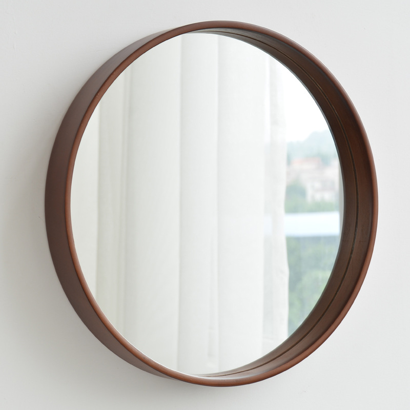Bathroom solid wood hanging mirror Nordic simple bathroom mirror bedroom girls makeup mirror round wall walnut color hanging mirror