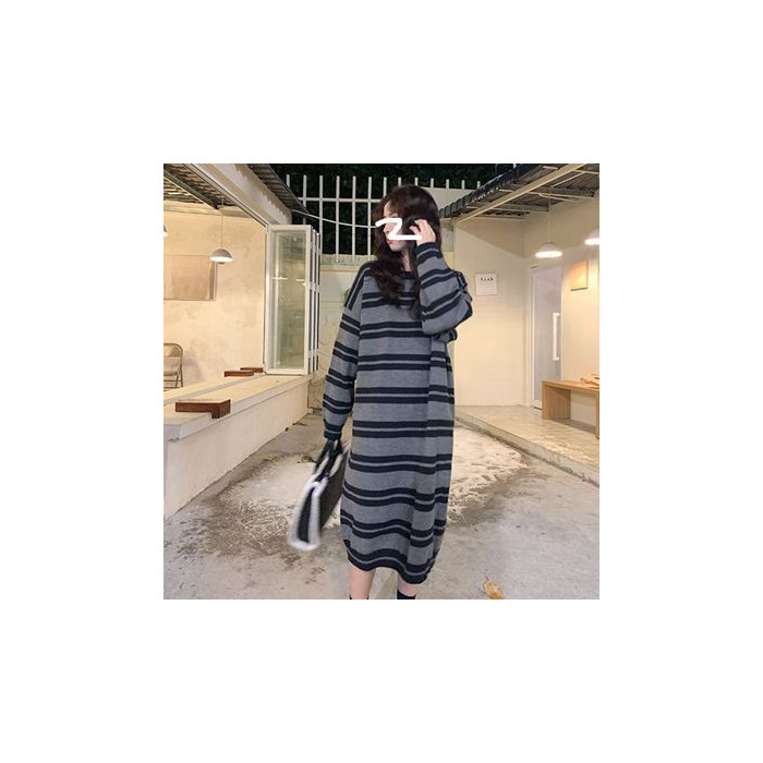 秋冬韩版宽松针织连衣裙长款过膝条纹打底衫慵懒风毛衣裙外穿圆领|undefined