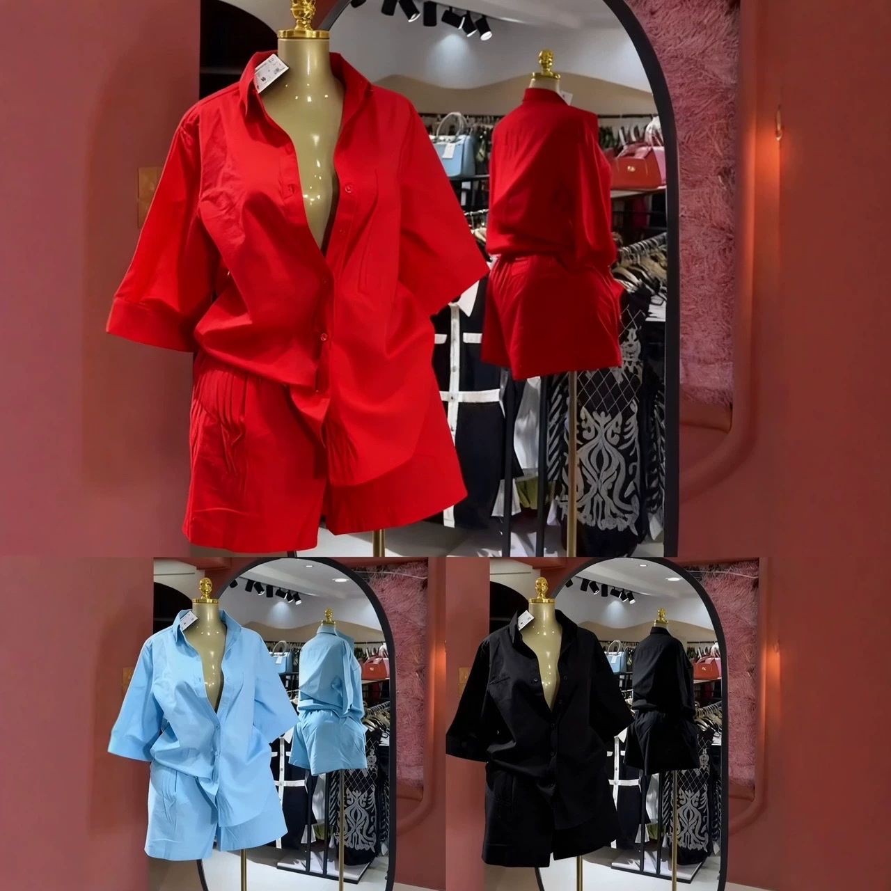 Women's Multi Color Collared Loose Fitting Shirt And Shorts Set Casual Solid Color Everyday Commuter Fashion_ecoleips.com