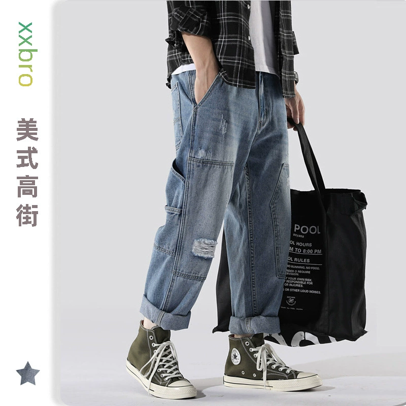 В наличии Новинка 2023 Европейские и американские мужские джинсы Коллаж Брюки до щиколотки Прямые брюки Молодежные популярные повседневные брюки со средней талией