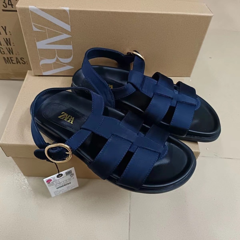 ZA夏季新品2024外贸圆头女鞋交叉一字带浅口金属搭扣饰百搭凉鞋女|undefined