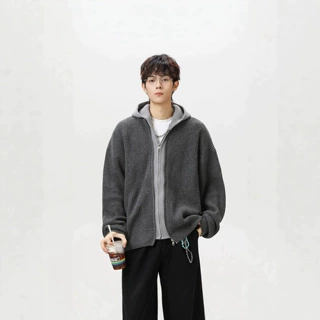 假两件拼接开衫连帽针织衫外套男女秋冬季宽松情侣慵懒情侣款毛衣