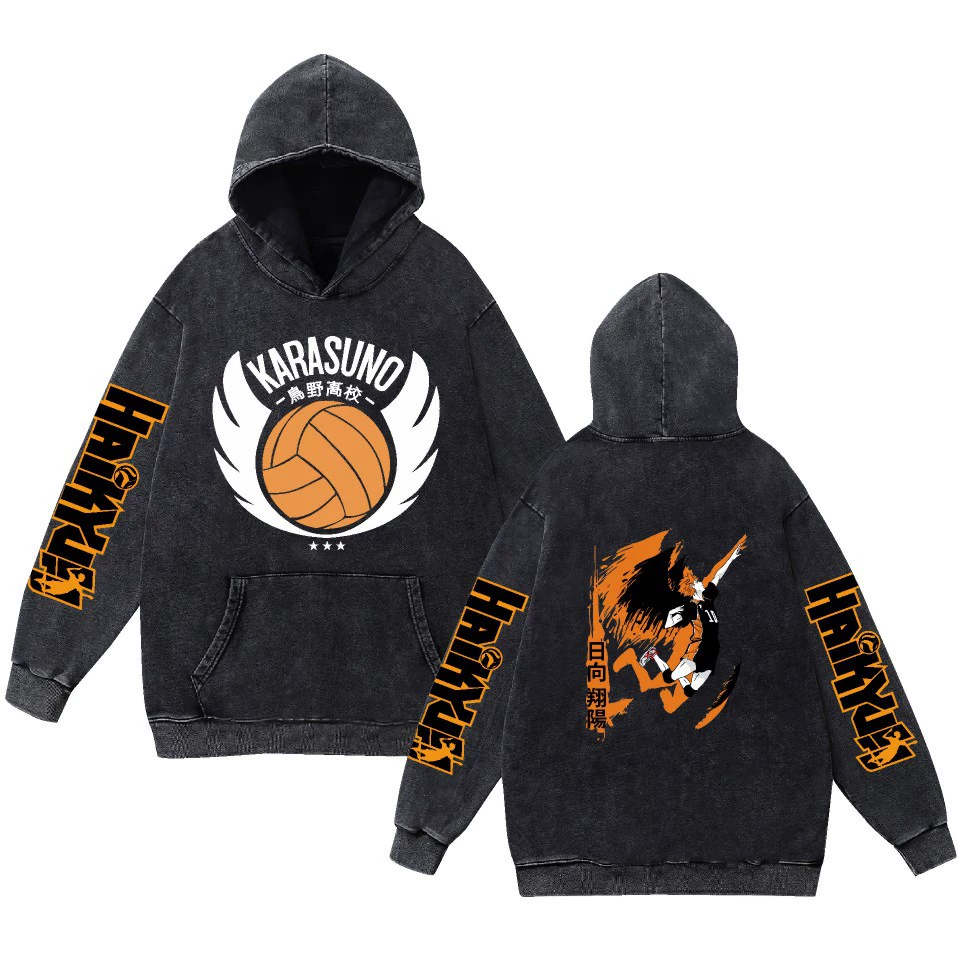 Потертый ретро хлопковый волейбольный худи в стиле Haikyuu!! с капюшоном для мужчин и женщин