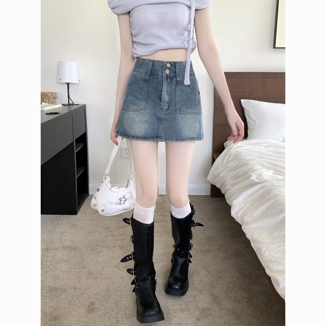 双扣牛仔短裙女夏季小个子高腰a字内衬防走光包臀辣妹半身短裤裙A