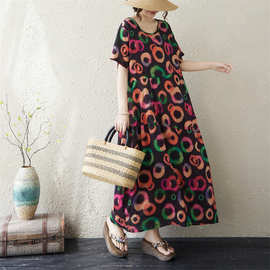 2026夏季日韩外贸印花圆领茧型复古遮肉不规则旅游长裙棉麻连衣裙
