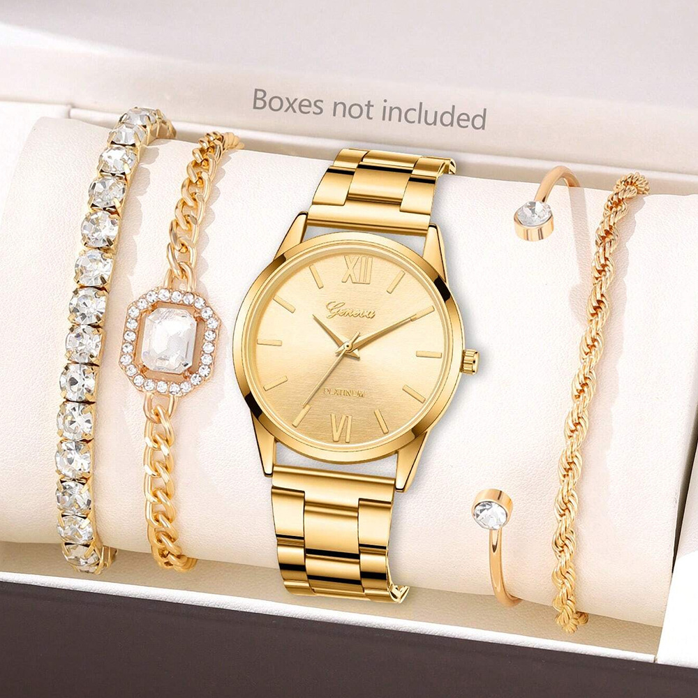 Ventas transfronterizas calientes oro reloj de cara romana pulsera damas 4 piezas conjunto de reloj de cuarzo de acero reloj de aleación de alta calidad