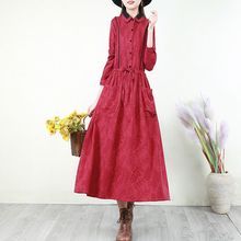 复古文艺加厚棉麻提花刺绣连衣裙冬拼接领长款系带长裙子宽松