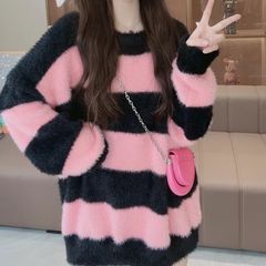 条纹拼色毛衣女2025秋冬季新款仿貂绒韩版宽松慵懒风长袖外穿上衣