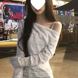 收腰显瘦薄款罩衫上衣美式超好看松弛感条纹斜肩长袖t恤女春夏季