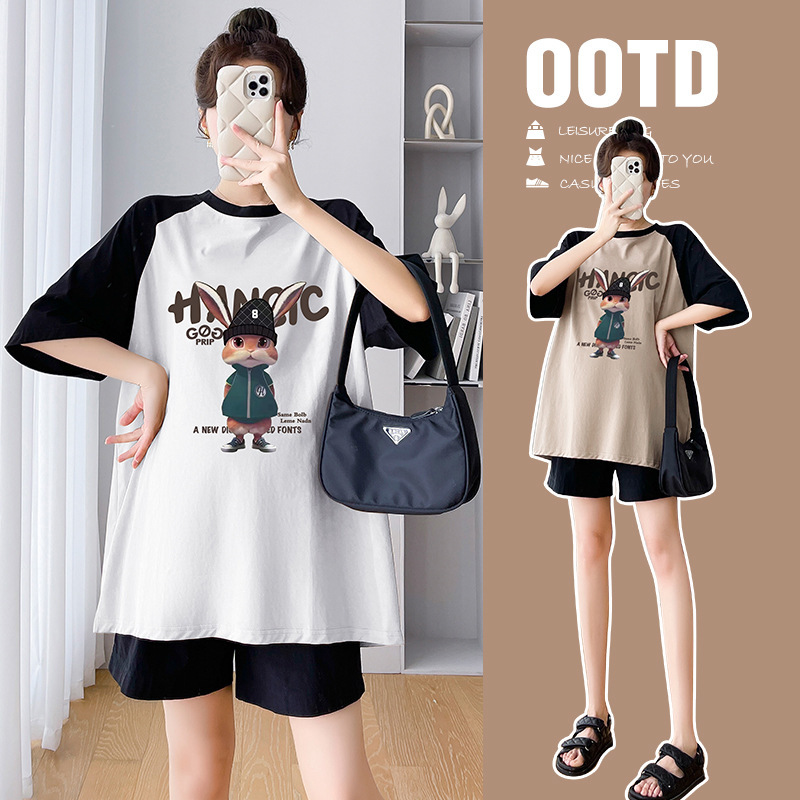 Fashion Small Two-piece Suit Cute Rabbit Print Age-reducing Pregnant Women's Top Summer Short-sleeved T-shirt Mid-length