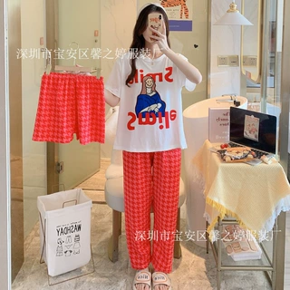 睡衣女夏短袖短裤长裤三件套装甜美可爱卡通宽松大码可外穿家居服