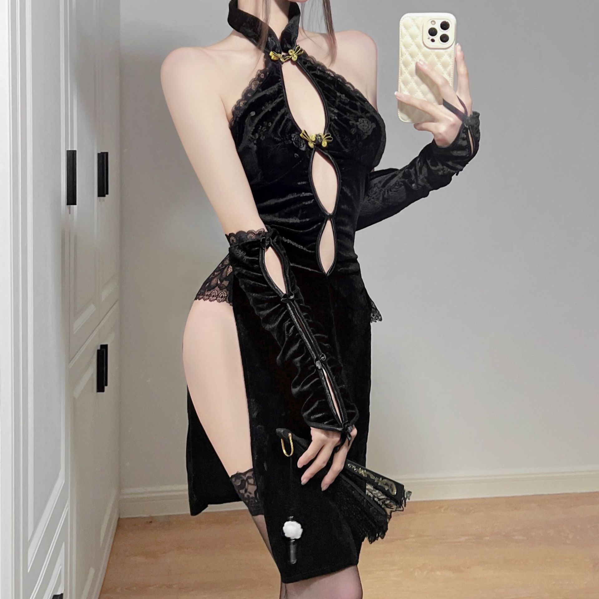 섹시한 란제리 뷰티 섹시 할로우 백리스 레이스 청삼 원피스 무료 개인 잠옷 여성