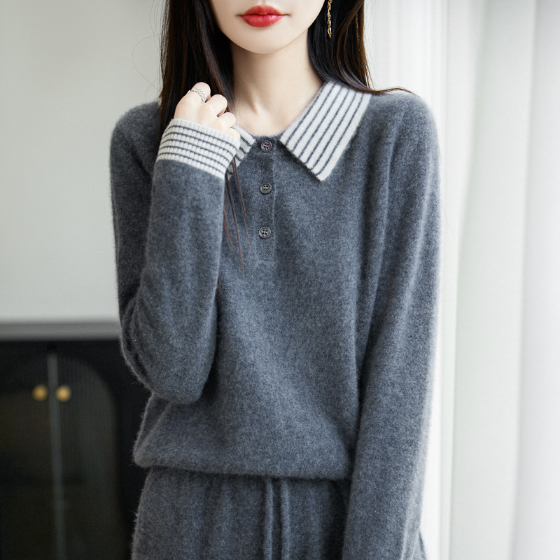 100%纯羊毛2025秋冬新款女士宽松拼色Polo翻领短款打底针织衫毛衣|undefined