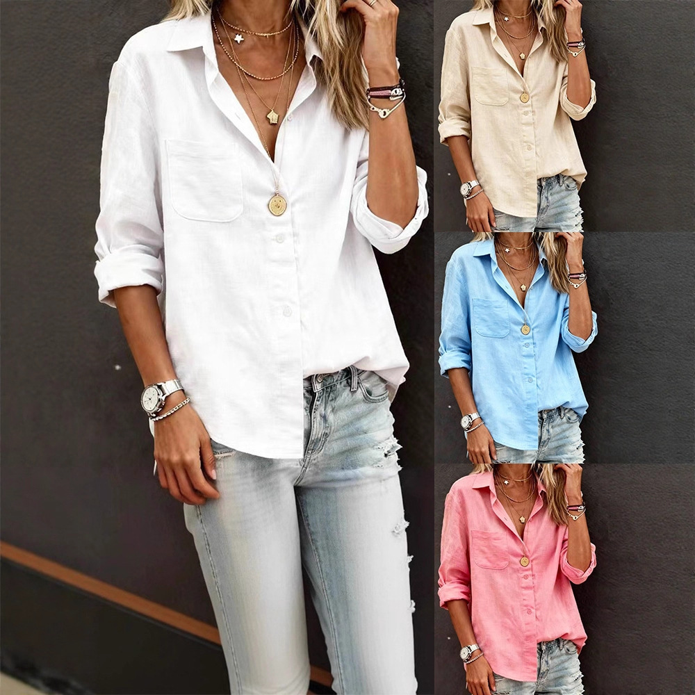 Cross-Border European and American 2026 Export New Women's Clothing Casual Long-Sleeved Regular Cardigan Multi-Color Cotton Top Shirt