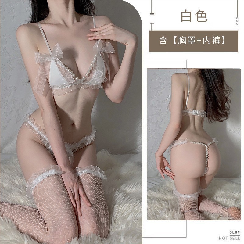 Nueva lencería sexy, encaje de tres puntos, pecho pequeño, gran tentación de perlas, tanga, traje de tentación libre de pasión