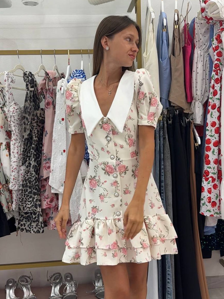 Đầm liền cổ chữ V tay phồng in họa tiết hoa, thắt eo cạp cao dáng chữ A ngắn — Màu hồng, Màu xanh lam chi tiết 25
