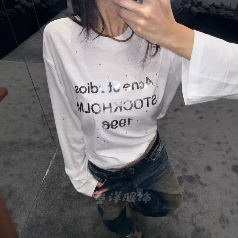Nanyou Top-End Version Ac Retro Mirror Letter Print 1996 Rhinestone Cotton and Linen Long-Sleeve T-Shirt Loose Top for Women Nanyou Top-End Version Ac Retro Mirror Letter Print 1996 Rhinestone Cotton and Linen Long-Sleeve T-Shirt Loose Top for Women