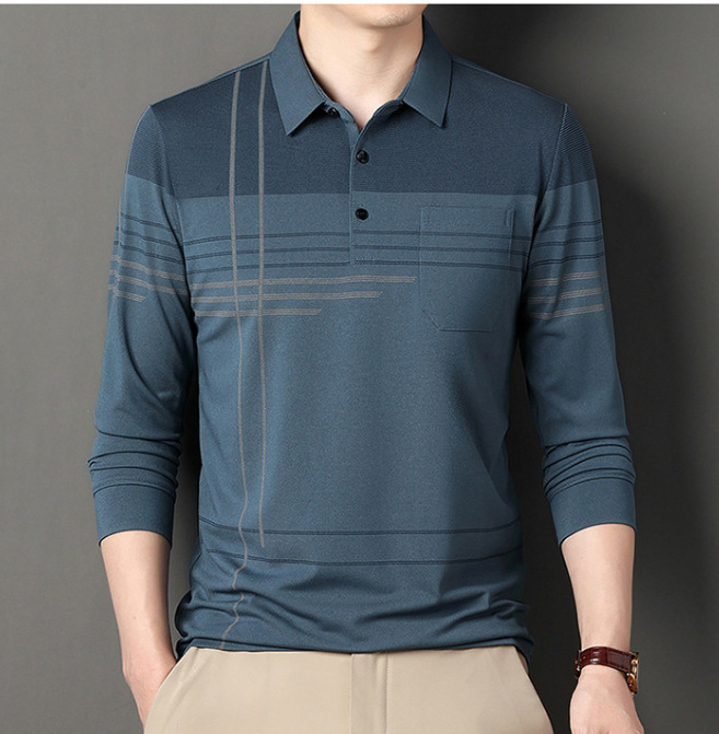 Primavera y otoño Camiseta de manga larga solapa de los hombres de mediana edad bolsillo transfronterizo bottoming pullover Camiseta polo camisa de los hombres