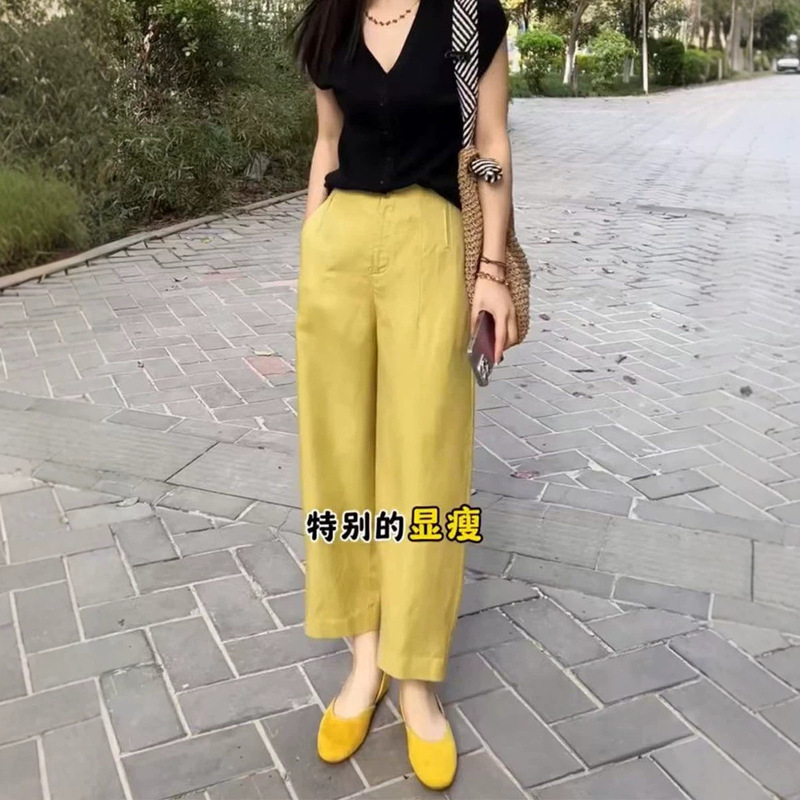 Nine-Point Loose Narrow-Fit Versatile Linen Wide-Leg Pants for Women, Summer 2026 Thin High-Waisted Slimming Drapey Straight Pants