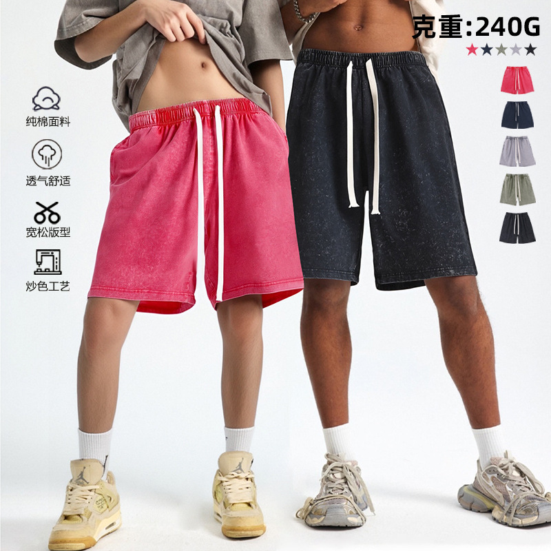 Japanese-Style Trendy Heavy-Washed Snowflake Work Shorts for Men, Summer New Loose Pocket Pure Cotton Knee-Length Shorts