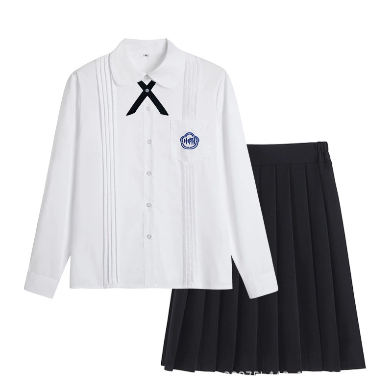 Uniform, shirt, student pleated skirt, set, long-sleeve, brace, with embroidery