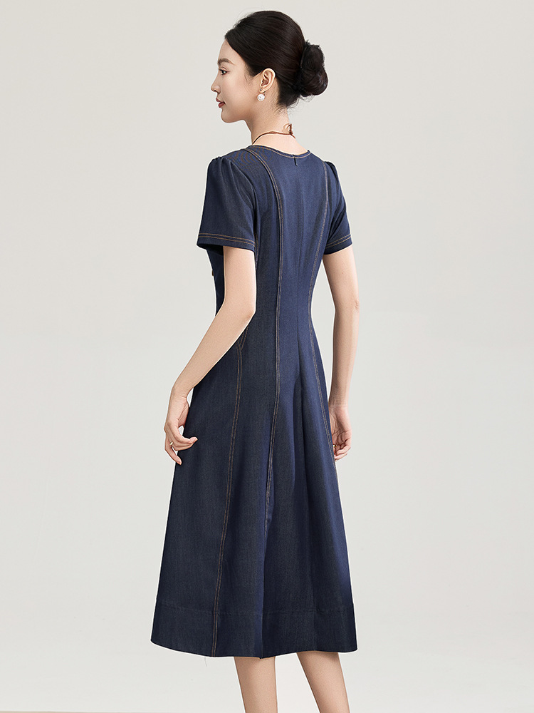 Đầm denim nữ tay ngắn thắt eo phong cách vintage chất liệu tencel cotton thoáng mát — màu xanh đậm