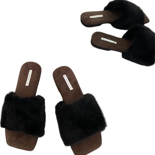 Leopardo francés con zapatos de lana de conejo de invierno nuevos zapatos planos de dedos abiertos calientes 35 - 43 tamaño grande trapezo transfronterizo