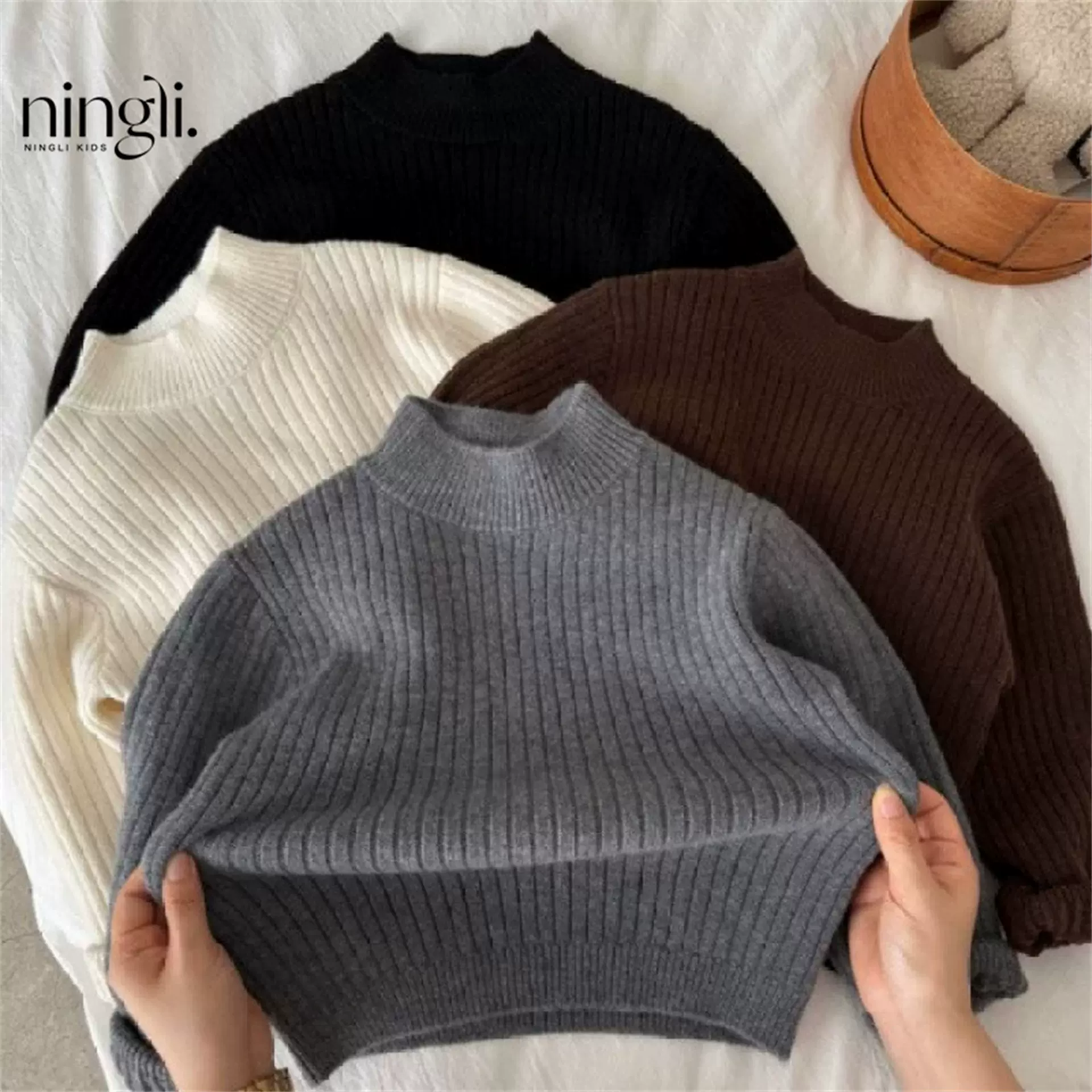 柠里儿童针织衫男加厚冬季新款小童纯色上衣潮宝宝打底毛衣女保暖