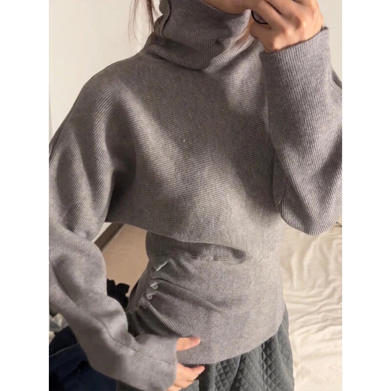 Gray Turtleneck Knitwear Long-Sleeved Women's Autumn and Winter Pile-Neck Knitwear with Irregular Waist Design and Inner Top Gray Turtleneck Knitwear Long-Sleeved Women's Autumn and Winter Pile-Neck Knitwear with Irregular Waist Design and Inner Top