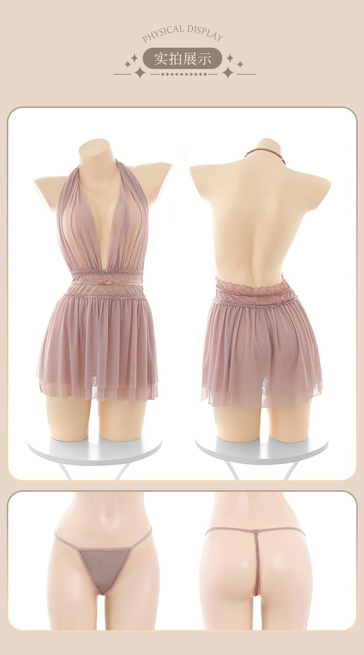 Feimu & Miji Halter Neck Backless Lace Mesh Nightdress with Thong, White, One Size — detail image 15