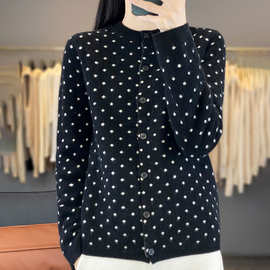 波点拼色100%纯羊毛针织女开衫圆领长袖宽松休闲百搭秋冬加厚外套