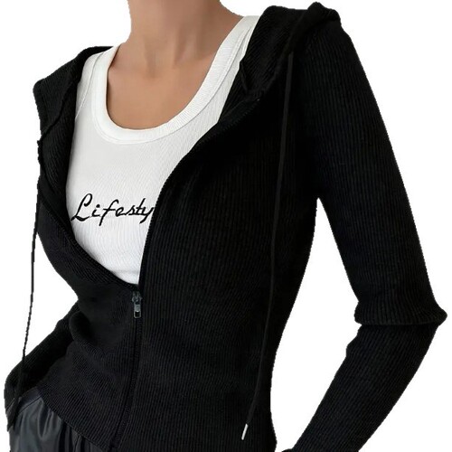 2026 spring cross-border European and American women's pure color elegant figure-flattering hooded zipper outer fashionable casual women's top
