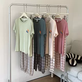 蘇喜喜彩虹带胸垫套装日系格子短袖长裤夏季居家服可外面睡衣女